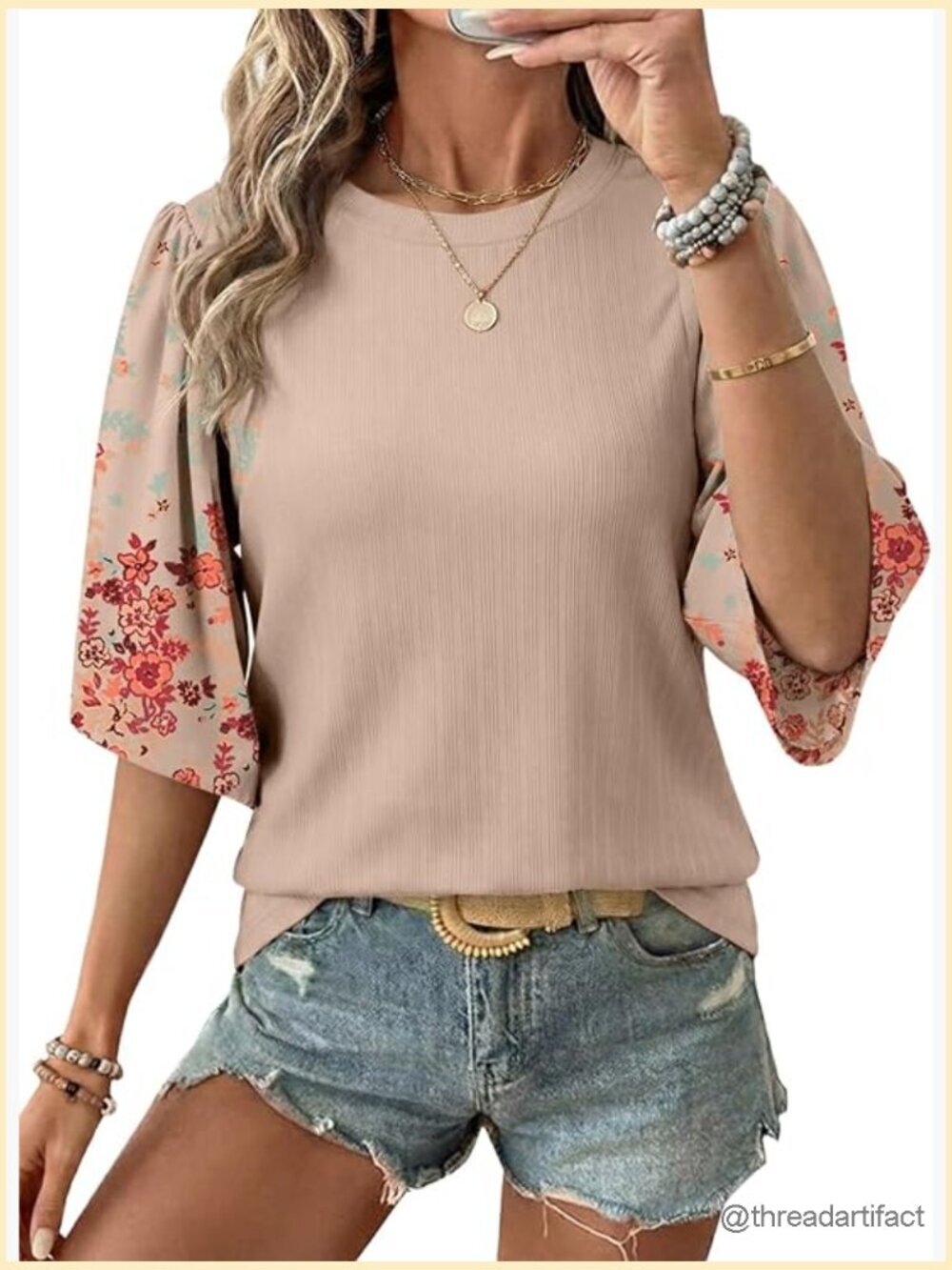 3/4 Sleeve Dressy Casual Blouse Floral Patchwork Tunic Top